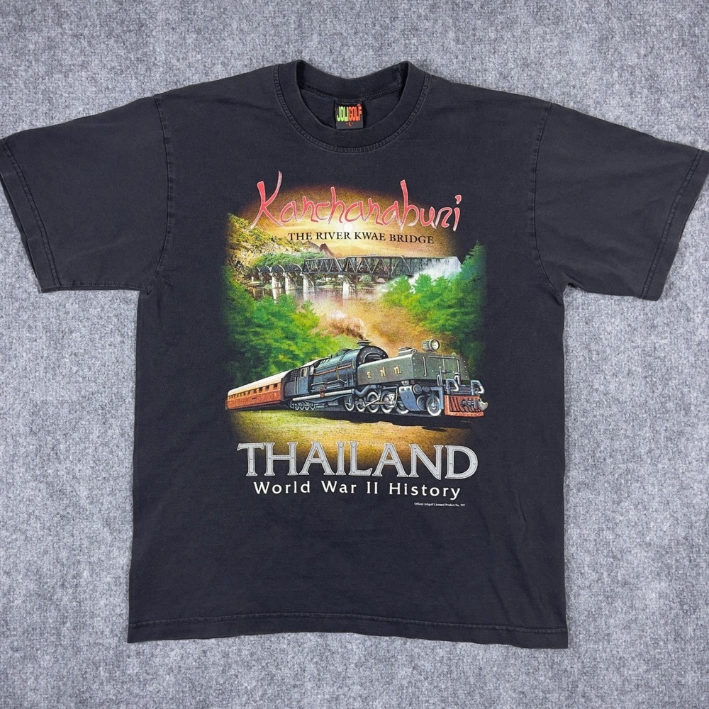 Thailand WWII History T-Shirt Mens Large Black River Kwae Bridge Train
